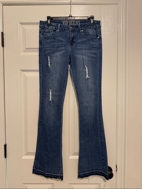 VIP Dark Blue Flare Jeans with Distressed Details